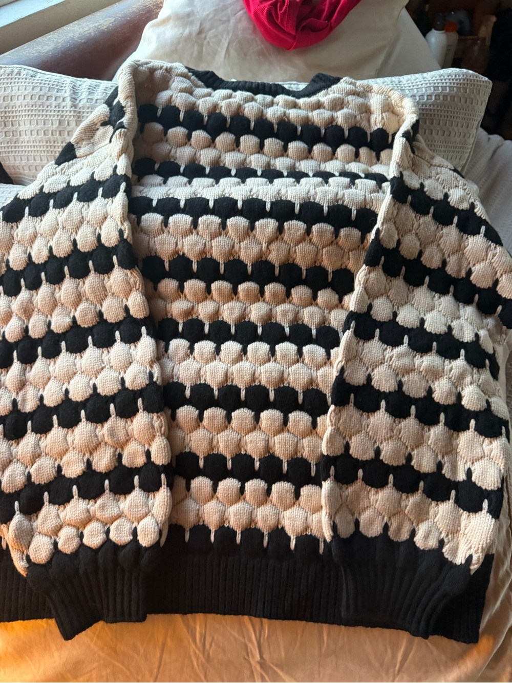 Striped Bubble-Stitch Open Cardigan in Black and Cream